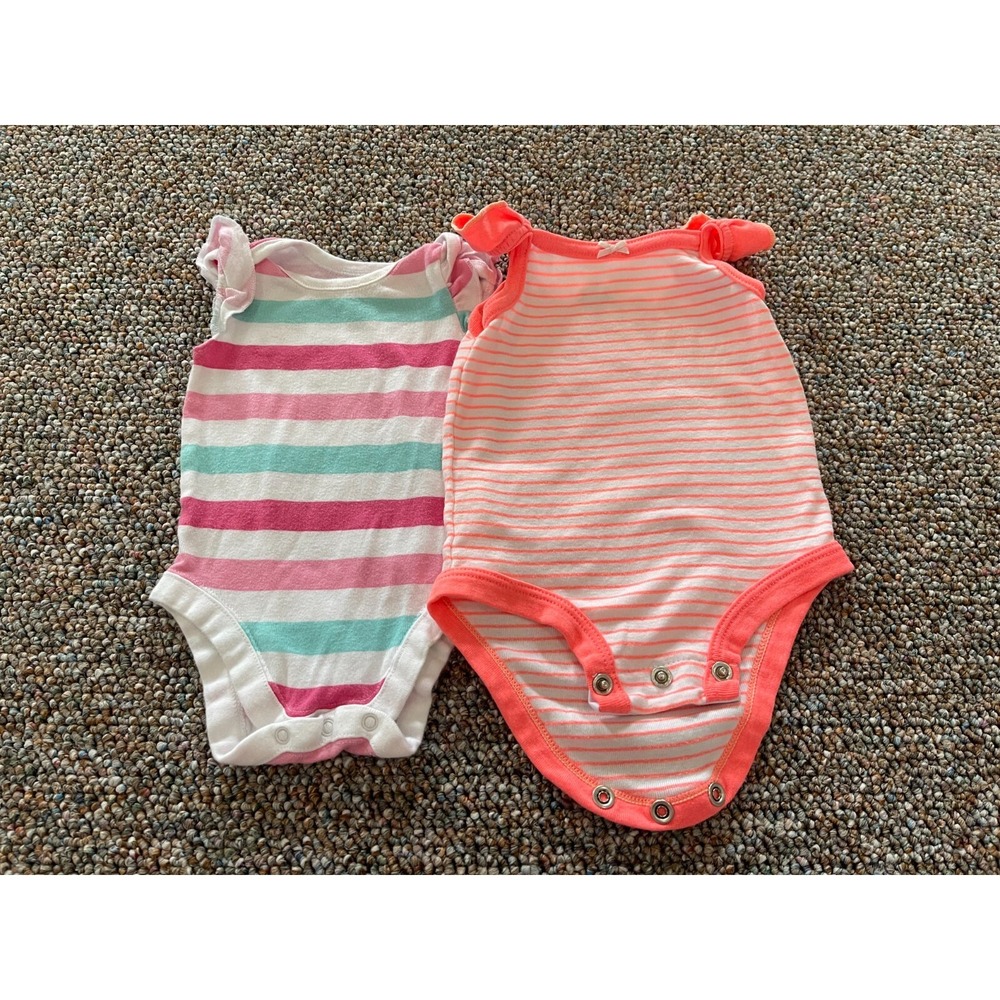 Carter's Bundles Striped Girls Bodysuits 0-3M Pink Coral Teal 2 Pack